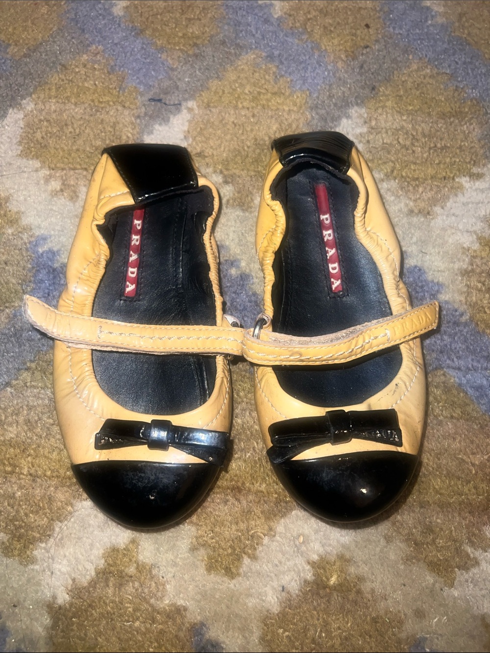 Prada Yellow Leather Mary Jane Flats with Black size 25
